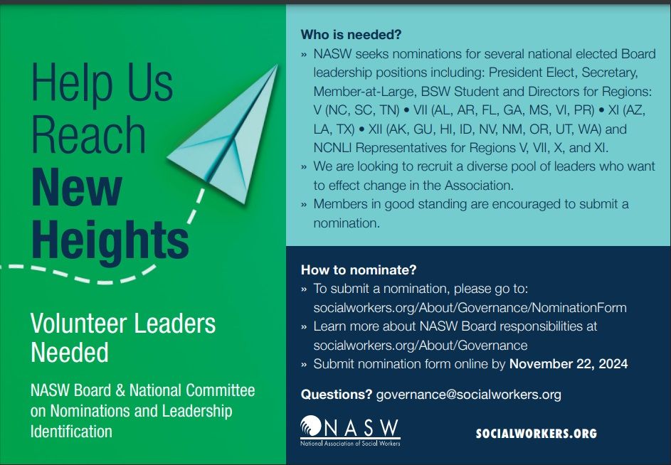NASW (@nasw) on Twitter photo Help the NCNLI build a diverse slate of candidates for the 2025 #NASW election!
Nominate strong leaders by Nov 22, 2024: buff.ly/3YGChJH
Or send names to governance@socialworkers.org for follow-up. Let’s uplift our community!
#Leadership #Nominations #SocialWork Help the NCNLI build a diverse slate of candidates for the 2025 #NASW election!
Nominate strong leaders by Nov 22, 2024: buff.ly/3YGChJH
Or send names to governance@socialworkers.org for follow-up. Let’s uplift our community!
#Leadership #Nominations #SocialWork