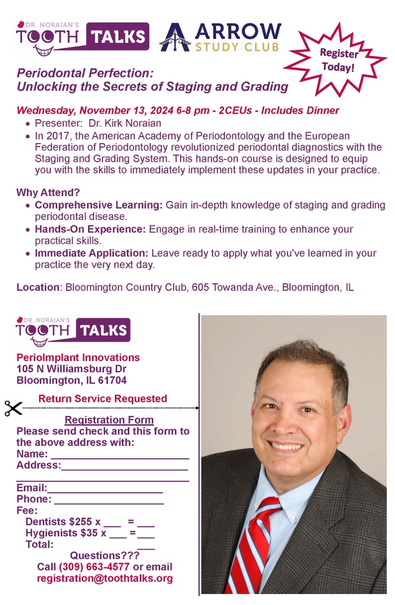 docperio's tweet photo. Great News! Dentists &amp; hygienists may register for Dr. Noraian's hands-on training w/"Unlocking the Secrets of Staging and Grading" Wed, Nov. 13, 6-8 PM. 2 CEUs &amp; dinner at Bloomington CC. RDHs $35, Dentists $255. Save your spot - registration@toothtalks.org or (309) 663-4577. https://t.co/AdtYbS6d4x