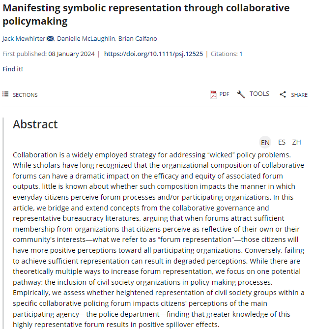 OPEN ACCESS!
“Ultimately, collaboration without representation may do more harm than good.”
Read FULL article here: onlinelibrary.wiley.com/doi/10.1111/ps…             

#PSJ #PolicyStudiesJournal