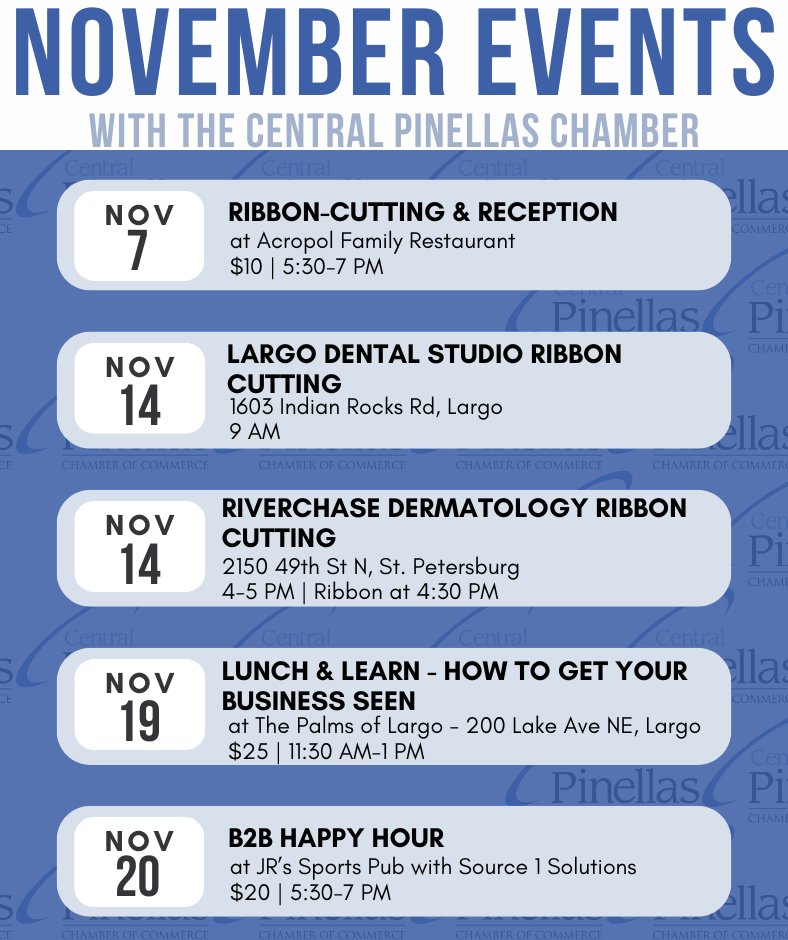 There are many great events with the Central Pinellas Chamber this month! Get out to enjoy one another's company and learn something new.

🎟Register now at CentralChamber.biz/Events.