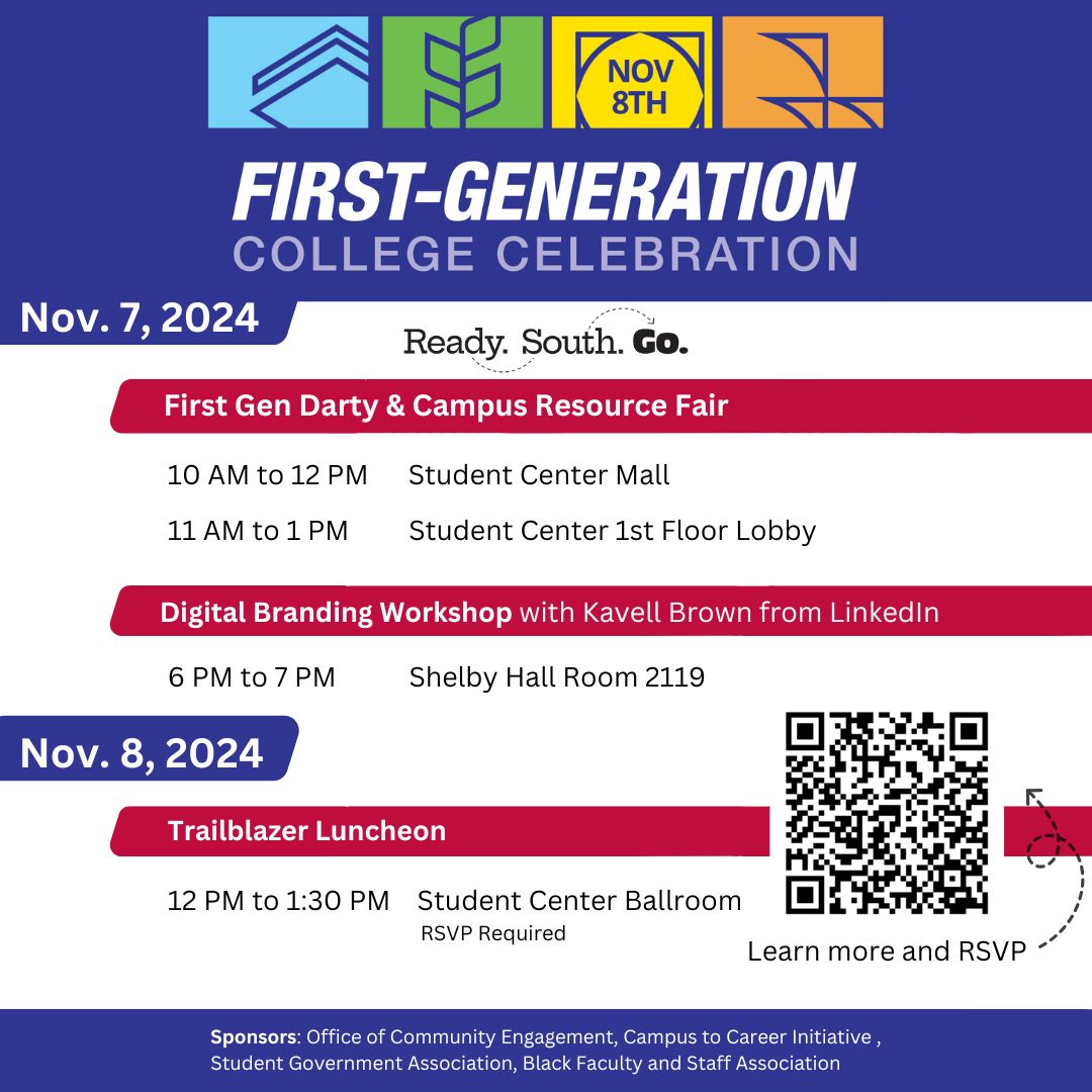 OCEatSouthAL's tweet photo. National First-Generation Day is this week. Join us for a variety of events on Nov. 7 and 8, designed to engage, educate, &amp; celebrate our first-gen community. From panel discussions to networking opportunities and social gatherings, there’s something for everyone. 
#ReadySouthGo https://t.co/lmxs9Ly1CF
