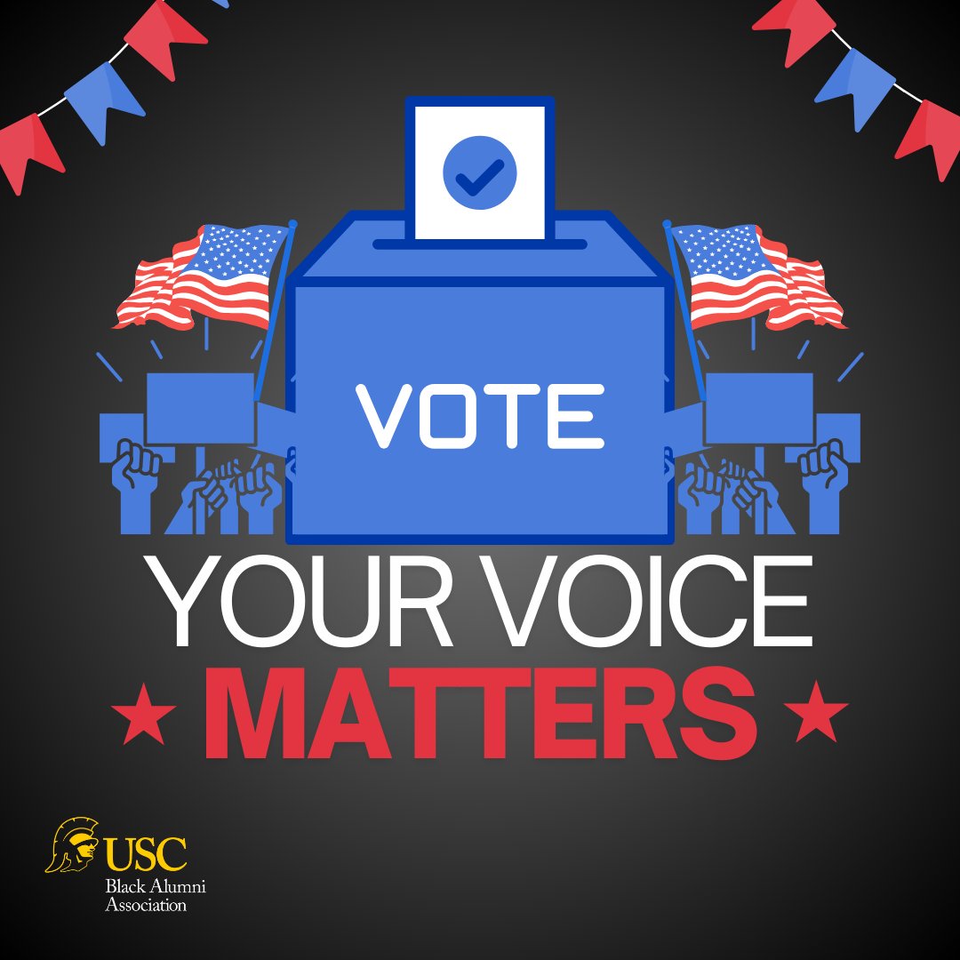 🗳️ Your vote is your voice! As we head into the 2024 election, let’s come together to make a difference. Our communities thrive when we participate, advocate, and make informed choices. Every vote counts – let’s make ours heard! #USCBlackAlumni #Vote2024 #YourVoiceMatters