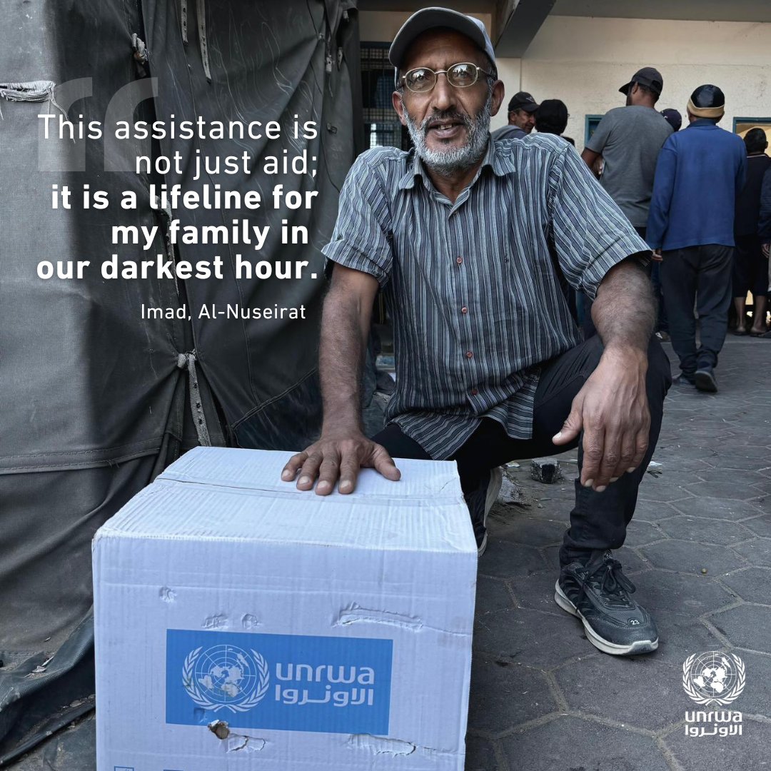 UNRWA's tweet photo. “We are trapped in a nightmare; there is no income, no hope" says Imad, who has been displaced 4 times.

In #Gaza, UNRWA and partners continue tirelessly to distribute food parcels. Since the war started, nearly 1.15M people have been reached.

#UNRWAworks https://t.co/w5zKWHmsYB