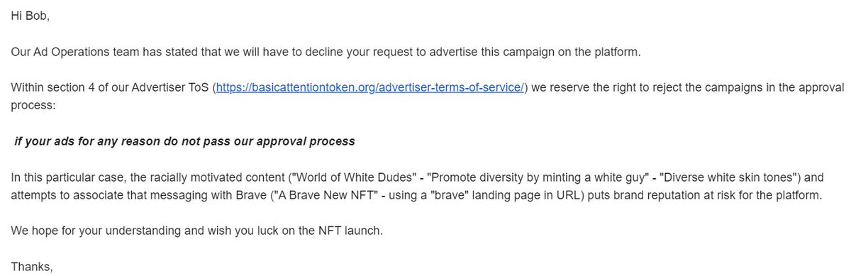 <a href="/elonmusk/">Elon Musk</a> This election really is something.

In 2021, advertisers, even <a href="/brave/">Brave</a>, would not accept $ to advertise NFTs promoting the diversity of white dudes named Bob who work in the accounting department

In 2024, D's are advertising specifically to white guys and R's are advertising to