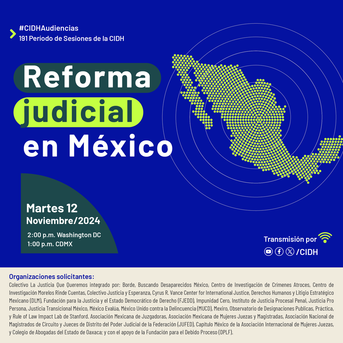 #TomaNota 📌

Nos estamos alistando para ser parte de la #AudienciaCIDH sobre la Reforma Judicial durante el 191 período de sesiones de <a href="/CIDH/">CIDH - IACHR</a>

📅 Fecha: 12 de noviembre
🕒 Hora: 13:00 CDMX / 14:00 DC
📺 Síguelo en vivo: youtube.com/@CIDH_IACHR/st…