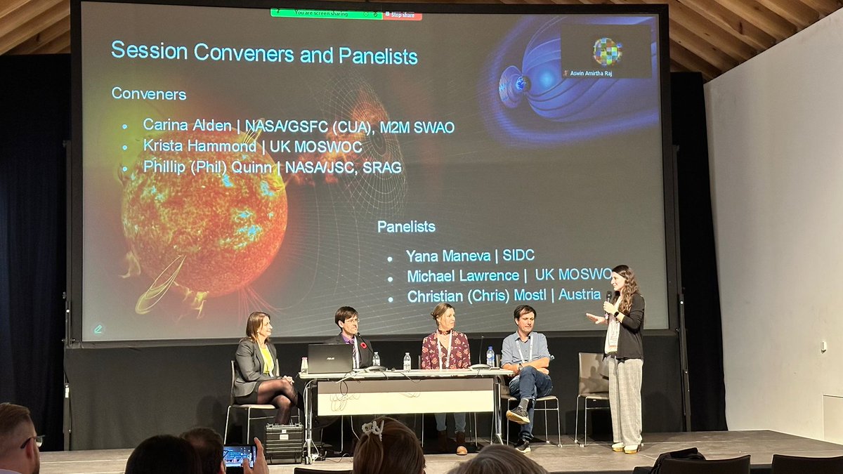 chrisoutofspace's tweet image. Was invited yesterday (for the first time💪) to be on a panel discussing the transition from research to operations and back (R2O2R) in #spaceweather at the #ESWW2024 with @MetOfficeSpace and SIDC Belgium, thanks @SpaceWxRina @KristaMitchy for hosting this nice discussion!