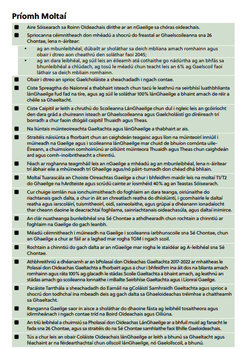 CnaG's tweet photo. 📈Sprioc chun líon na ndaltaí sna Gaelscoileanna a mhéadú
👏Aire Sóisearach a bheadh freagrach as an nGaeilge san oideachas
🌎Gaelcholáiste a bhunú i ngach contae
👩‍🏫Liúntas múinteora i nGaelscoileanna/scoileanna Gaeltachta
📚An Ghaeilge mar ábhar TGM  i ngach scoil sna 6 Chontae https://t.co/yyv3pLgzmd