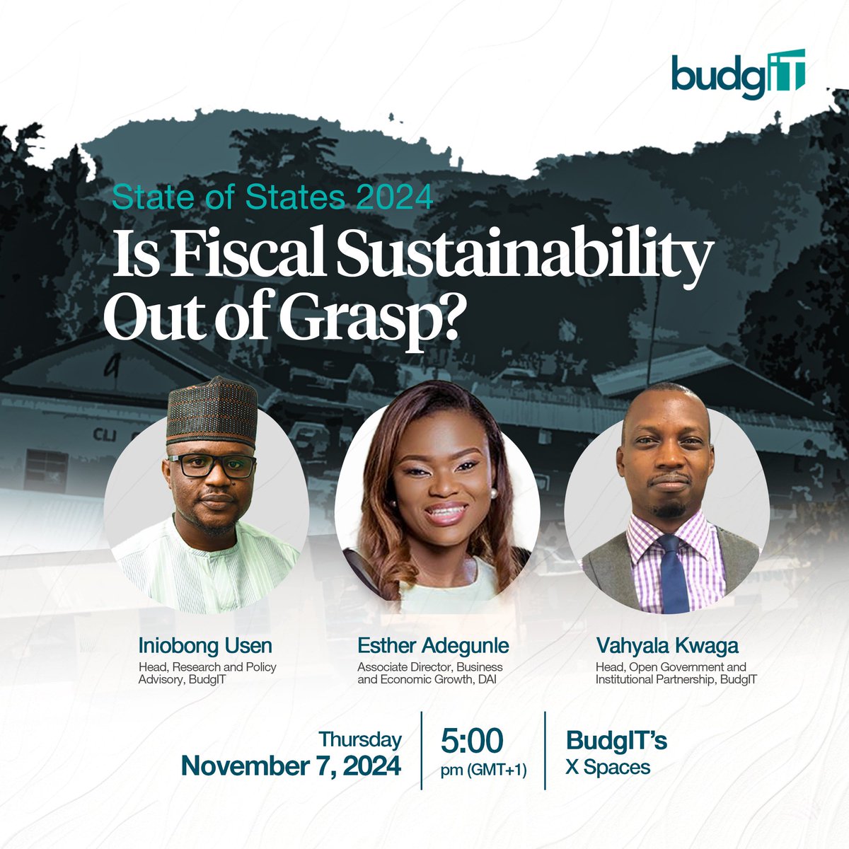 BudgITng's tweet photo. Is fiscal sustainability possible for state governments?

Join us this Thursday as we discuss findings and insights from the State of States 2024 report with - @inniey, ⁠Esther Adegunle, and ⁠@Thegrey8.

Set a reminder - https://t.co/SNvBfhvjht

Time: 5 pm https://t.co/6VLVUSnqfT