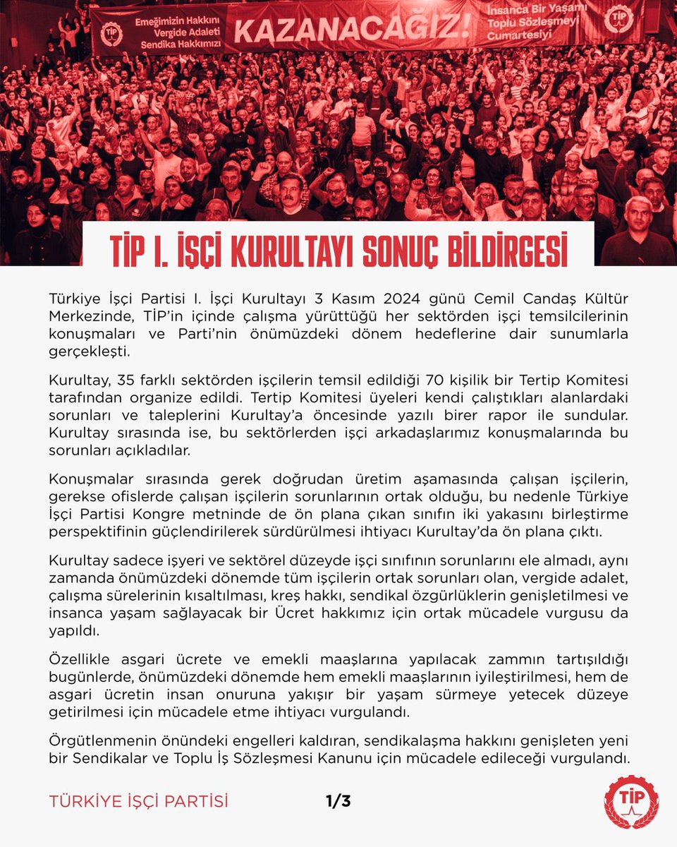 TipEmek's tweet image. Yüzlerce işçinin bir araya geldiği 1. İşçi Kurultayından, işçi sınıfı tarihine imza atacak kararlarla çıktık.

📍 İşçi Okulu, sınıfın içinden öncü işçiler yetiştirmek üzere yola çıkacak.

📍1 Mayıs’a güçlendirilmiş sektör koordinasyonu ile gidecek, tüm iş kollarından işçileri…