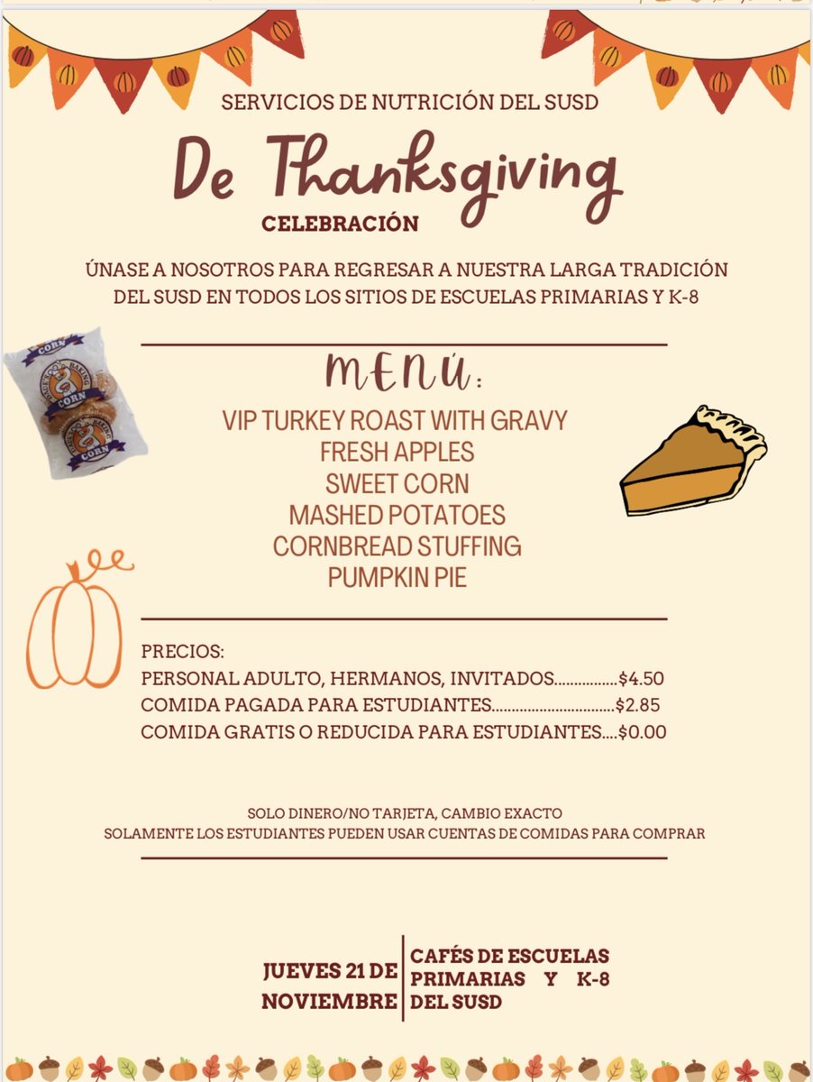 We are looking forward to our families joining us for our annual Thanksgiving Lunch on 11/21/24. Lunch times were shared on Parent Square.