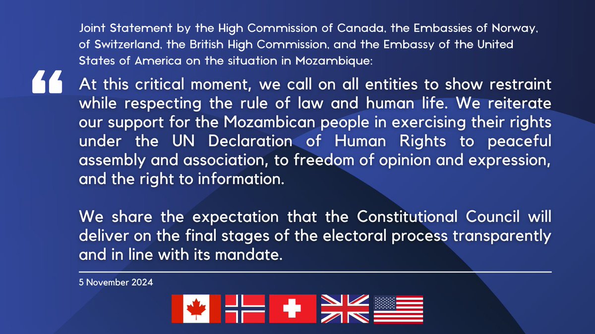 Joint Statement by the High Commission of Canada, the Embassies of Norway, of Switzerland, the British High Commission, and the Embassy of the United States of America on the situation in Mozambique: