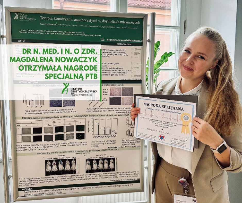 Dr n. med. i n. o zdr. Magdalena Nowaczyk została uhonorowana Nagrodą Specjalną Polskiego Towarzystwa Biochemicznego za najlepsze doniesienie z elementami badań biochemicznych podczas XXVIII Sympozjum Sekcji Kardiologii Eksperymentalnej Polskiego Towarzystwa Kardiologicznego! 🏆