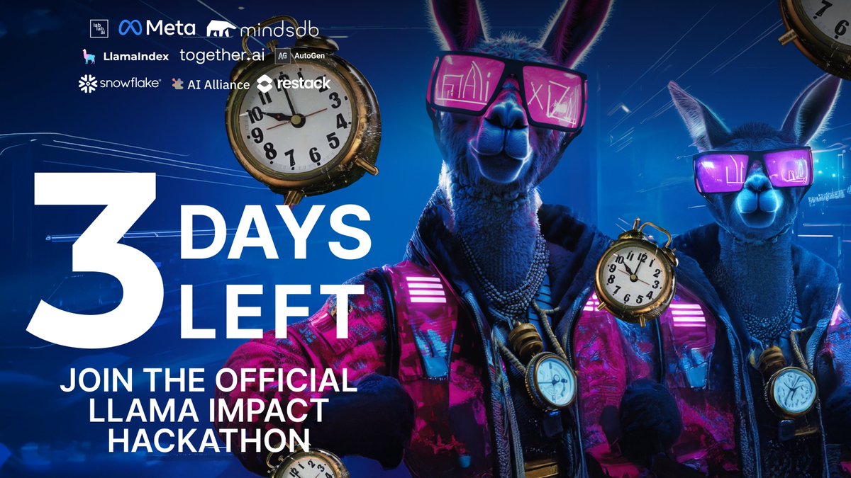 ⏳ Only 3 days left to join the Llama Impact Hackathon!

We’re thrilled to welcome <a href="/SnowflakeDB/">SnowflakeDB</a> with <a href="/julianforer0/">Julian</a>  and <a href="/restackio/">Restack</a> with <a href="/aboutphilippe/">Philippe Brule</a> &amp; <a href="/atapiawastaken/">Andrés Tapia</a>, as new partners alongside <a href="/AIatMeta/">AI at Meta</a> , <a href="/llama_index/">LlamaIndex 🦙</a> , <a href="/MindsDB/">MindsDB</a> , <a href="/togethercompute/">Together AI</a> , #AutoGen ( <a href="/Chi_Wang_/">Chi Wang</a> &amp;