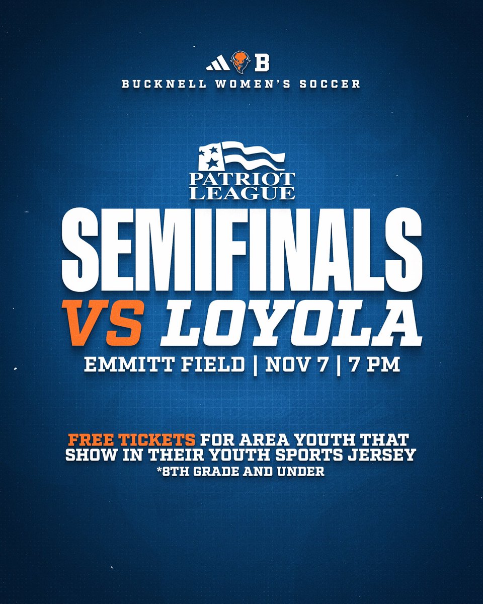 Bucknell Women’s Soccer (@bucknell_wsoc) on Twitter photo It’s postseason time!
We’ll host Loyola this Thursday at 7:00PM in the <a href="/PatriotLeague/">Patriot League</a> Semifinals 🦬
Free admissions for any youth wearing a jersey! It’s postseason time!
We’ll host Loyola this Thursday at 7:00PM in the <a href="/PatriotLeague/">Patriot League</a> Semifinals 🦬
Free admissions for any youth wearing a jersey!