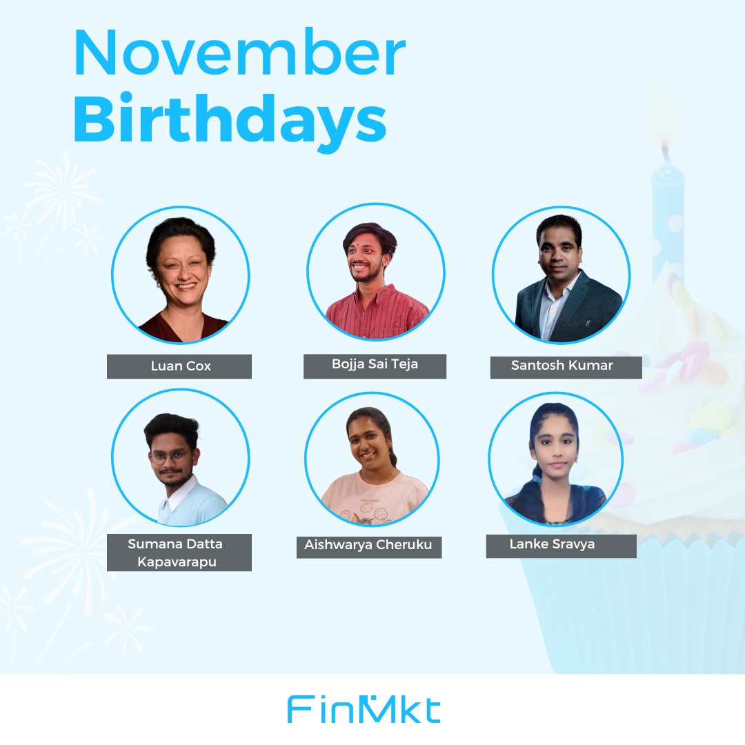 🎉 Happy Birthday to all our amazing FinMkt team members celebrating in November! 🎂 We hope your special day is filled with joy, laughter, and maybe a slice (or two) of cake! 🎈