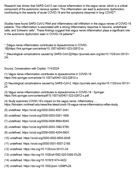 dlingenfelter's tweet image. Studies have found SARS-CoV-2 RNA and inflammatory cell infiltration in the vagus nerves of COVID-19 patients.

These findings imply that vagus nerve inflammation plays a role in the autonomic dysfunction seen in COVID-19 patients.