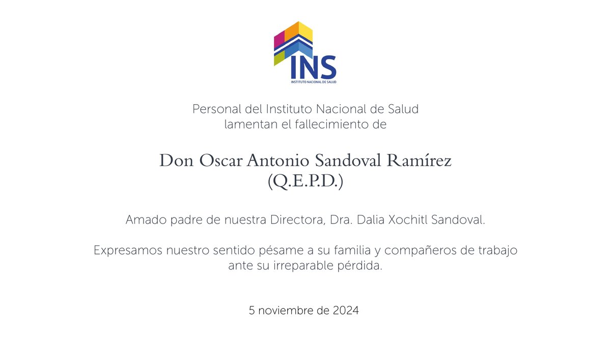 Expresamos nuestras más sinceras condolencias a la Dra. <a href="/XochitlSandova8/">Xochitl Sandoval</a>, directora de nuestra institución, ante la irreparable pérdida de su padre.

Extendemos nuestro apoyo y solidaridad en este momento difícil, y deseamos que encuentre fortaleza y consuelo junto a su familia.