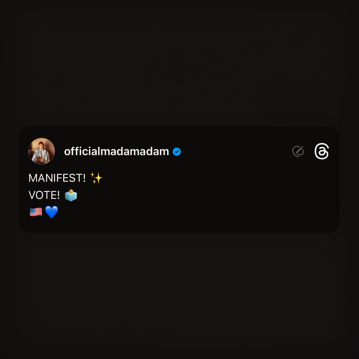 B + A = M 
Belief + Action = Manifestation
Manifestation is demonstration! Do your part! Vote! 💙

#madamadam #harriswalz2024 #kamalaharris #lgbtqia #manifestation #vote #witch