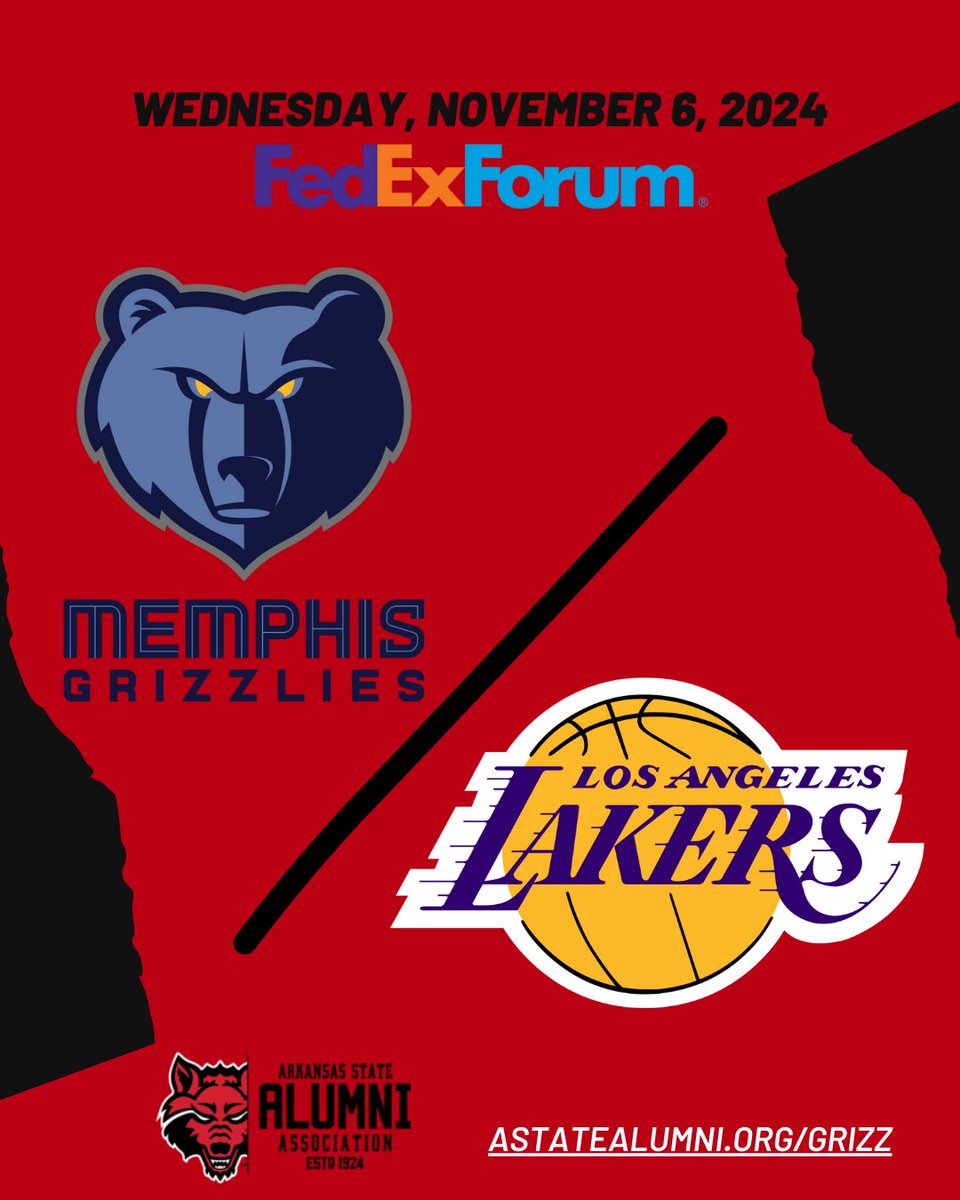 AStateAlumni's tweet photo. ⏳ LAST CHANCE to grab your tickets for #AStateAlumni night at the Grizzlies vs Lakers game! 🏀 Don't miss out on amazing seats, including access to the Pregame Shootaround! Get up close to the action courtside! 🎟️🎉 https://t.co/xCdQC2enue https://t.co/GfJvzKrf83