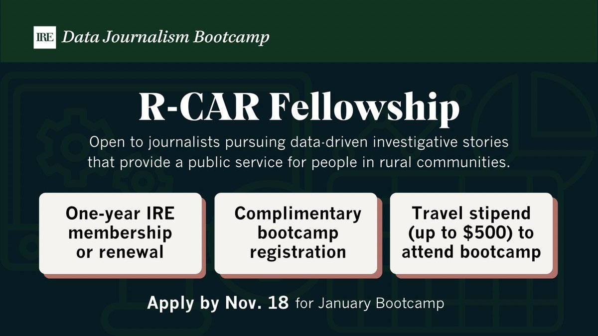 Are you a journalist serving rural audiences? IRE’s R-CAR Fellowship is available to support you.

Apply to receive free registration to one of our weeklong Data Journalism Bootcamps. The deadline for the next round of fellowships is Monday, Nov. 18: ire.org/training/fello…