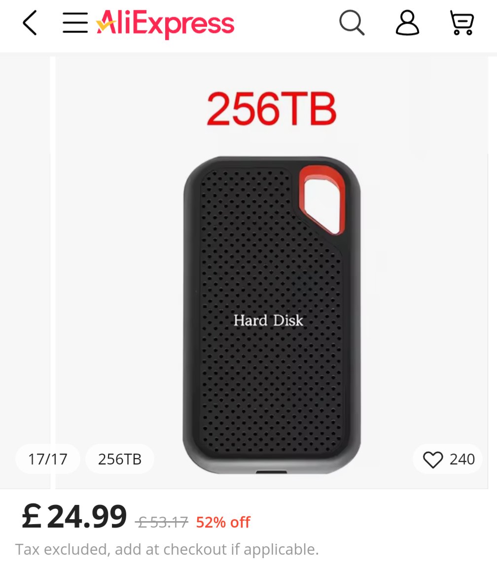 What a bargain, for safe storage of all you Gigglybytes. The price is amazing, nice to see @AliExpress is complicit in the sale of fake / scam products. I have some rare £4 coins if you are looking to invest. Offers over 256TB please. #fake #ScamAlert