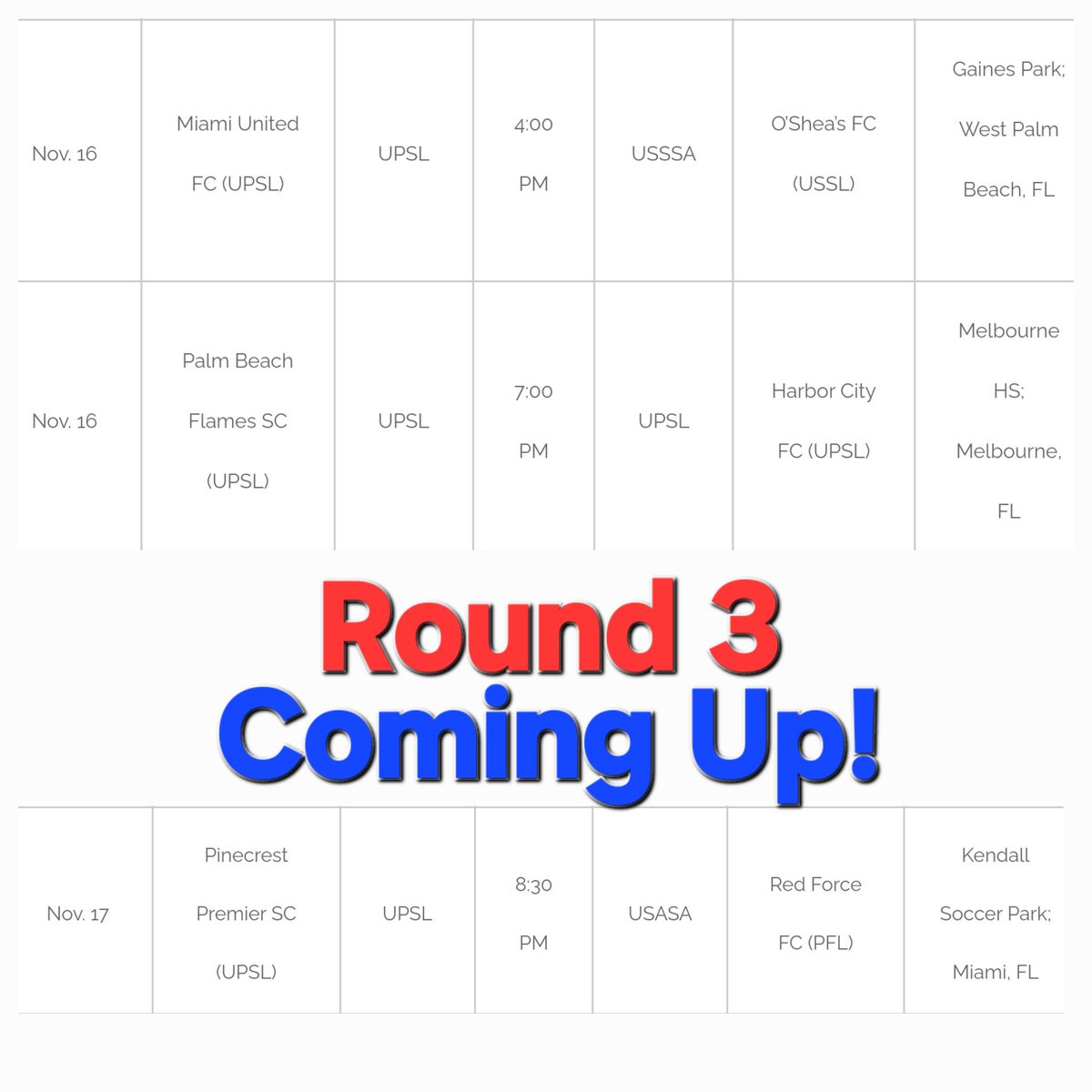 South Florida Men's Competitive ⚽️ Represented &amp; Continues Representing in @OpenCup!

@SheasOFC v. @MiamiUnitedFC

#HarborCityFC v. #PalmBeachFlames

<a href="/PinecrestPSC/">Pinecrest Premier SC</a> v. <a href="/RedForceFC09/">Red Force FC</a>

@USOpenCup <a href="/MagicCitySoccer/">Magic City Soccer</a> <a href="/LemonCityLive/">Lemon City Live</a> @KKFla737 <a href="/KLVsays/">Ken LaVicka</a> @KaufSports <a href="/BigOShow/">Orlando Alzugaray Jr</a> @Olive_York