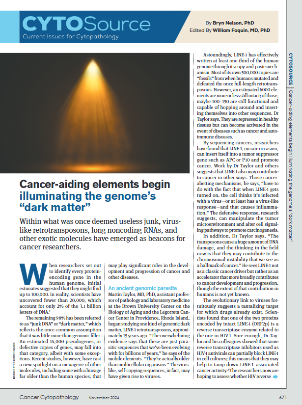 Cancer Cytopathology (@cancercytopath) on Twitter photo New #CytoSource | Cancer-aiding elements begin illuminating the genomeās ādark matterā acsjournals.onlinelibrary.wiley.com/doi/epdf/10.10ā¦
Within what was once deemed useless junk, virus-like retrotransposons, long noncoding RNAs, and other exotic molecules have emerged as beacons for cancer researchers. New #CytoSource | Cancer-aiding elements begin illuminating the genomeās ādark matterā acsjournals.onlinelibrary.wiley.com/doi/epdf/10.10ā¦
Within what was once deemed useless junk, virus-like retrotransposons, long noncoding RNAs, and other exotic molecules have emerged as beacons for cancer researchers.