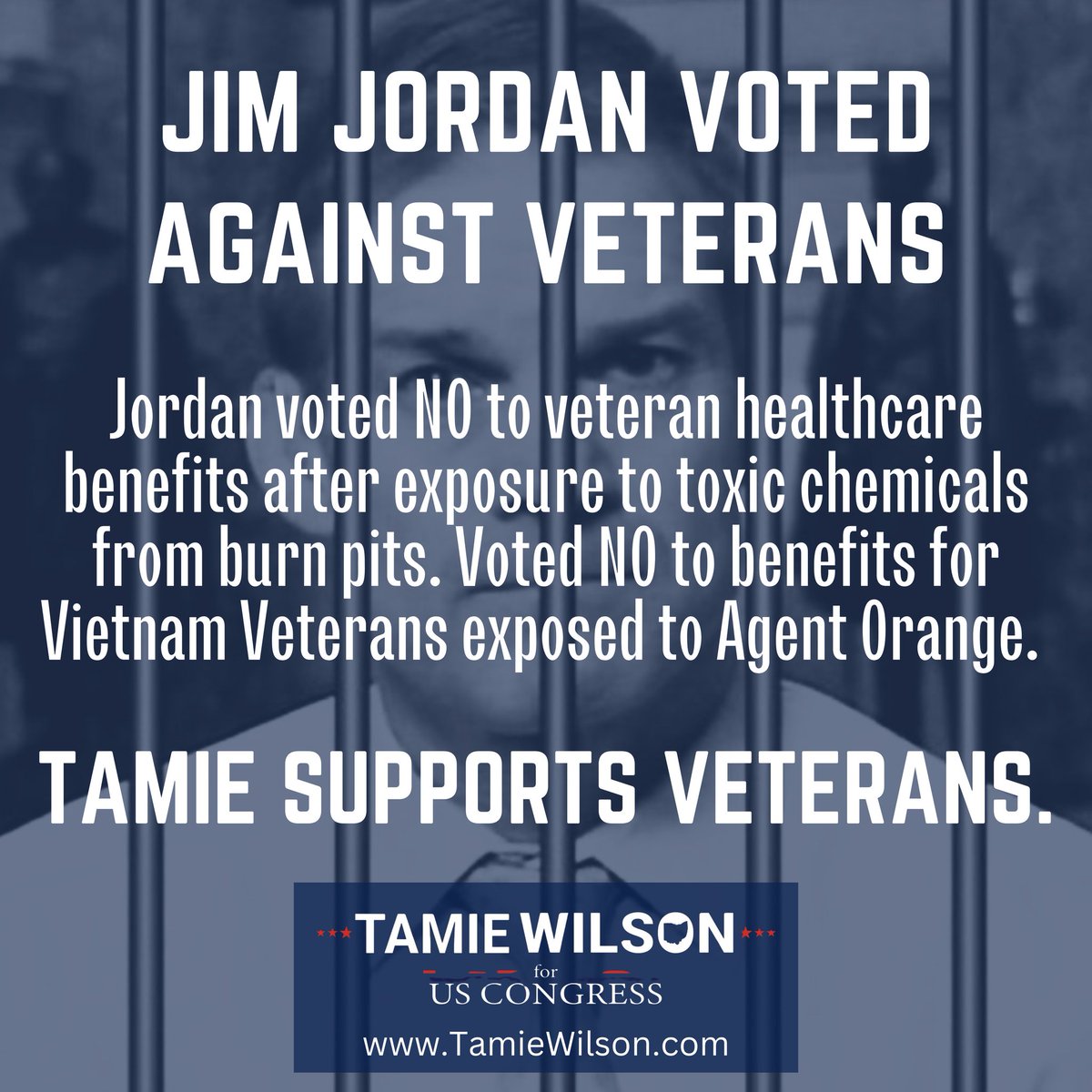 RealTamie's tweet image. Jim Jordan voted AGAINST the PACT Act, denying healthcare benefits to Afghanistan veterans exposed to toxic chemicals and Vietnam veterans exposed to Agent Orange.

I will provide better healthcare benefits to veterans. Our veterans fought for us; it's time we fight for them.