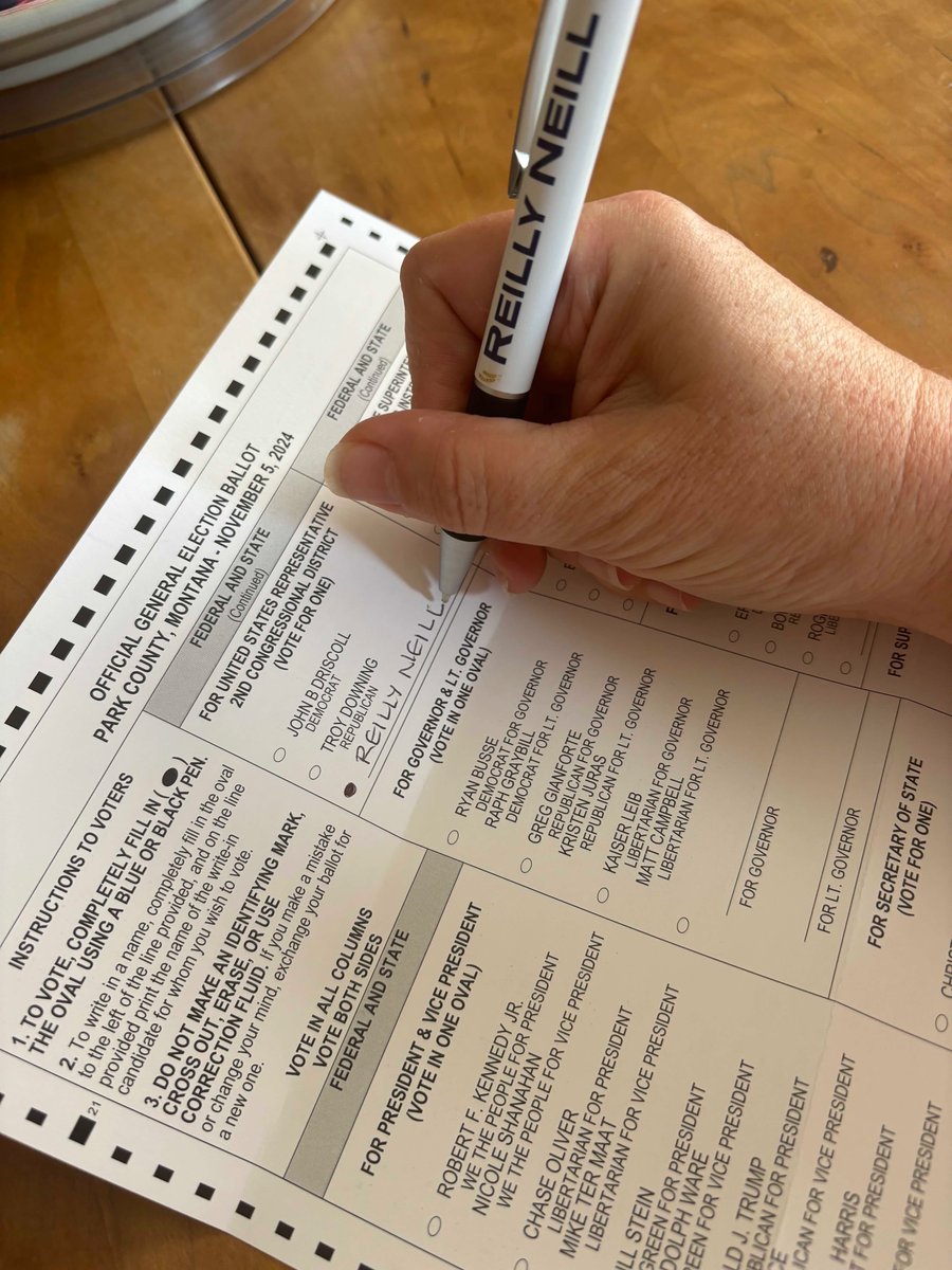 RepRNeill's tweet photo. Today's the day! #WriteInReilly for Montana's Second Congressional District! If you have an absentee ballot, make sure to get it to the elections office TODAY! Most polling stations are open late across the state. #WriteInReilly and let's get 'er done! 🇺🇸🖊️🗳️💫 https://t.co/6JbP3drhm9
