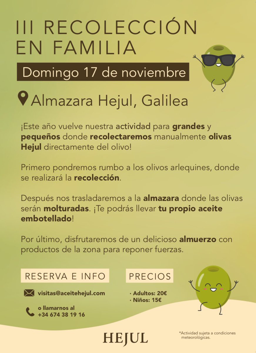 Ya está aquí nuestra actividad más familiar del año! La III Recolección en familia.
Una actividad dodne pequeños y mayores de sienten partícipes del proceso de elaboración del AOVE. 
<a href="/lariojaturismo/">La Rioja Turismo</a> <a href="/AceitesOlivaES/">Aceites Oliva España</a> <a href="/AceitesOlivaESP/">Aceites Oliva España</a> <a href="/minturgob/">Ministerio de Industria y Turismo</a>