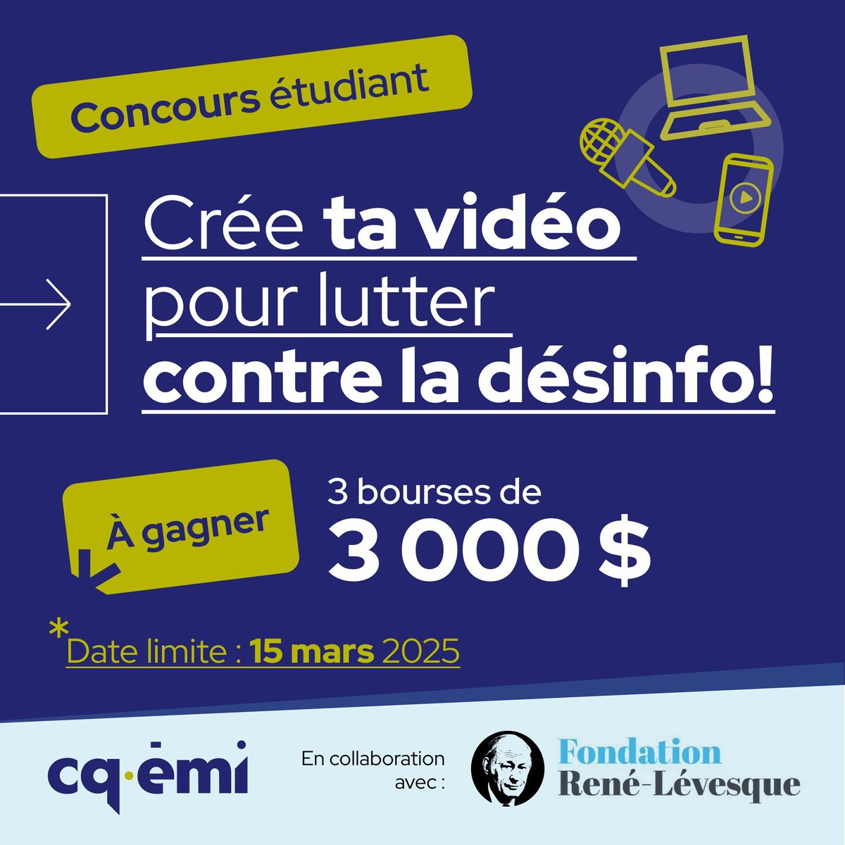 Le CQÉMI et la #FondationRenéLévesque lancent un concours pour les étudiant·e·s en journalisme des niveaux collégial et universitaire. 

Objectif : sensibiliser les jeunes du secondaire aux impacts de la désinformation en créant une courte vidéo 👇

cqemi.org/fr/concours-et…