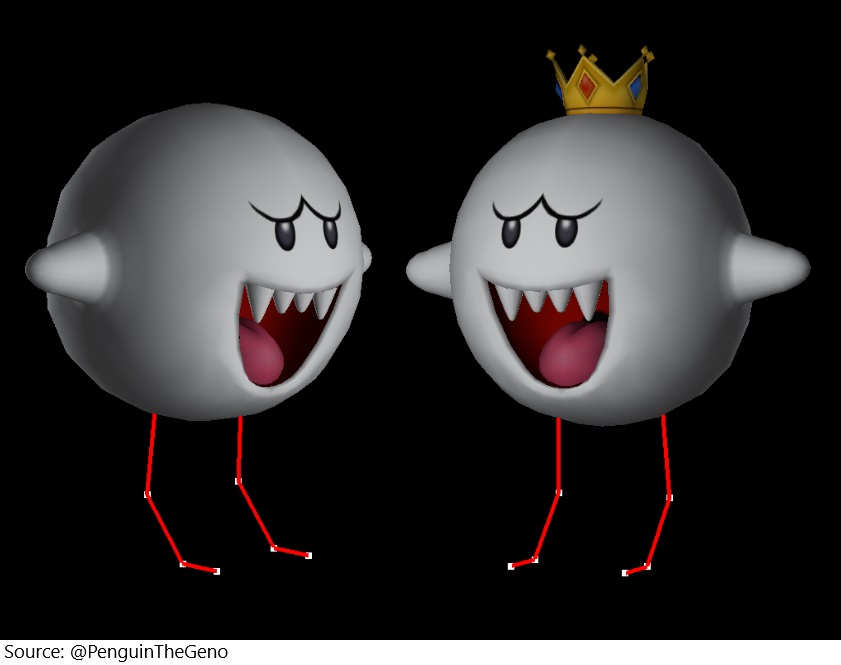 In Mario Super Sluggers, Boo and King Boo have unused leg bones in their models, despite not having any legs. Below, the leg bones are made visible.