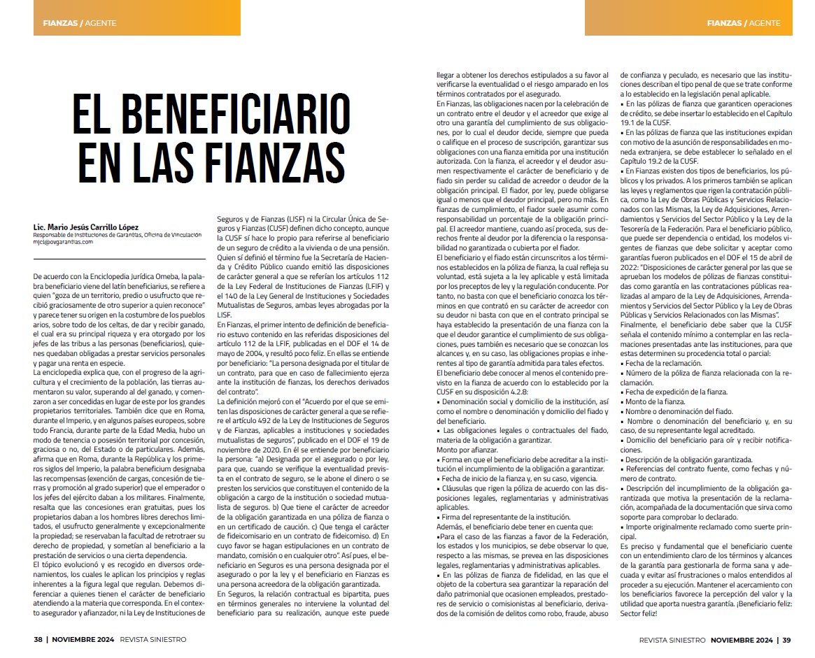 Compartimos nota que podrás encontrar en la edición de noviembre de <a href="/RevSiniestro/">Revista Siniestro</a> #GarantizaT #Fianzas #OVG #Garantías.