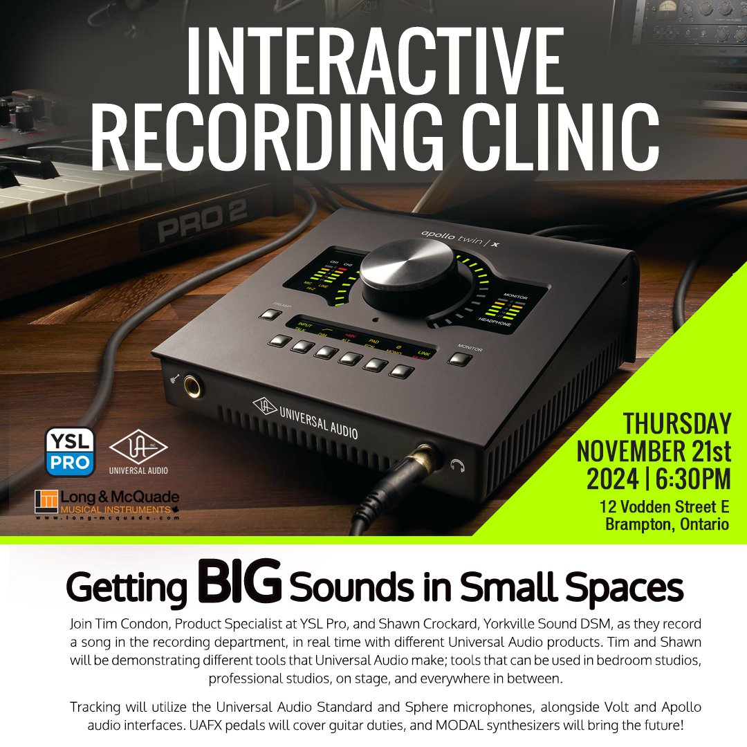 Brampton folks!

Tim from <a href="/YSL_Pro/">YSL Pro</a> will be co-hosting this event on Thursday, November 21 at <a href="/LongMcQuade/">Long & McQuade</a> Brampton.

If you are interested in finding out about <a href="/UAudio/">Universal Audio</a> microphone and interfaces, as we record a song in real time, then this is the event for you!