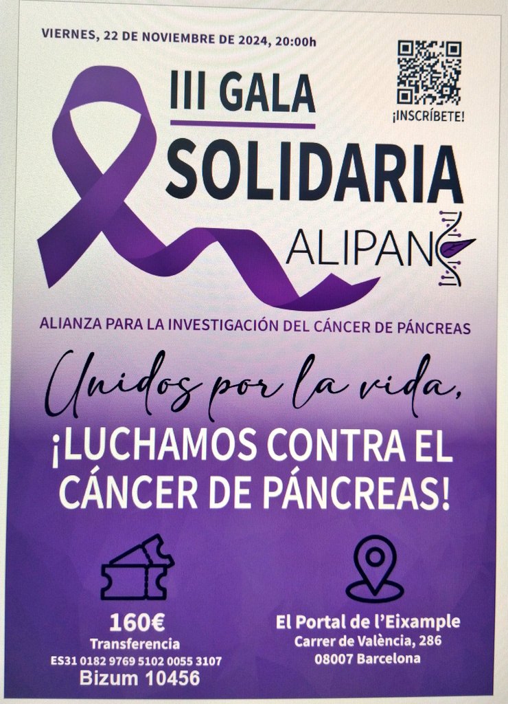 👩🏻‍🔬👀🤹🏻‍♀️🥘Este próximo viernes 22 de noviembre, únete a la gala solidaria organizada por <a href="/Alipanc1/">Alipanc</a> para apoyar la investigación de cáncer de páncreas. Cena, coloquio, rifa y hasta concierto!
Si no puedes venir, también puedes colaborar desde la fila 0 💜