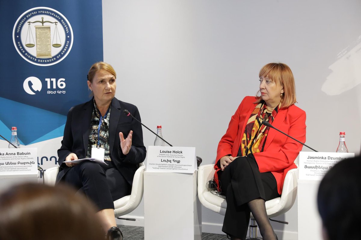 OmbudsArmenia's tweet photo. At Armenia’s HRDO 20th-anniversary conference, Louise Holck (DIHR), Priska Anna Babuin (ODIHR), Alyson Kilpatrick (NIHRC), Jasminka Džumhur, &amp; others discussed the vital role of Ombuds/NHRIs in human rights, emphasizing "independence &amp; impartiality" as core principles. #Ombudsman https://t.co/fOVcbVewWD