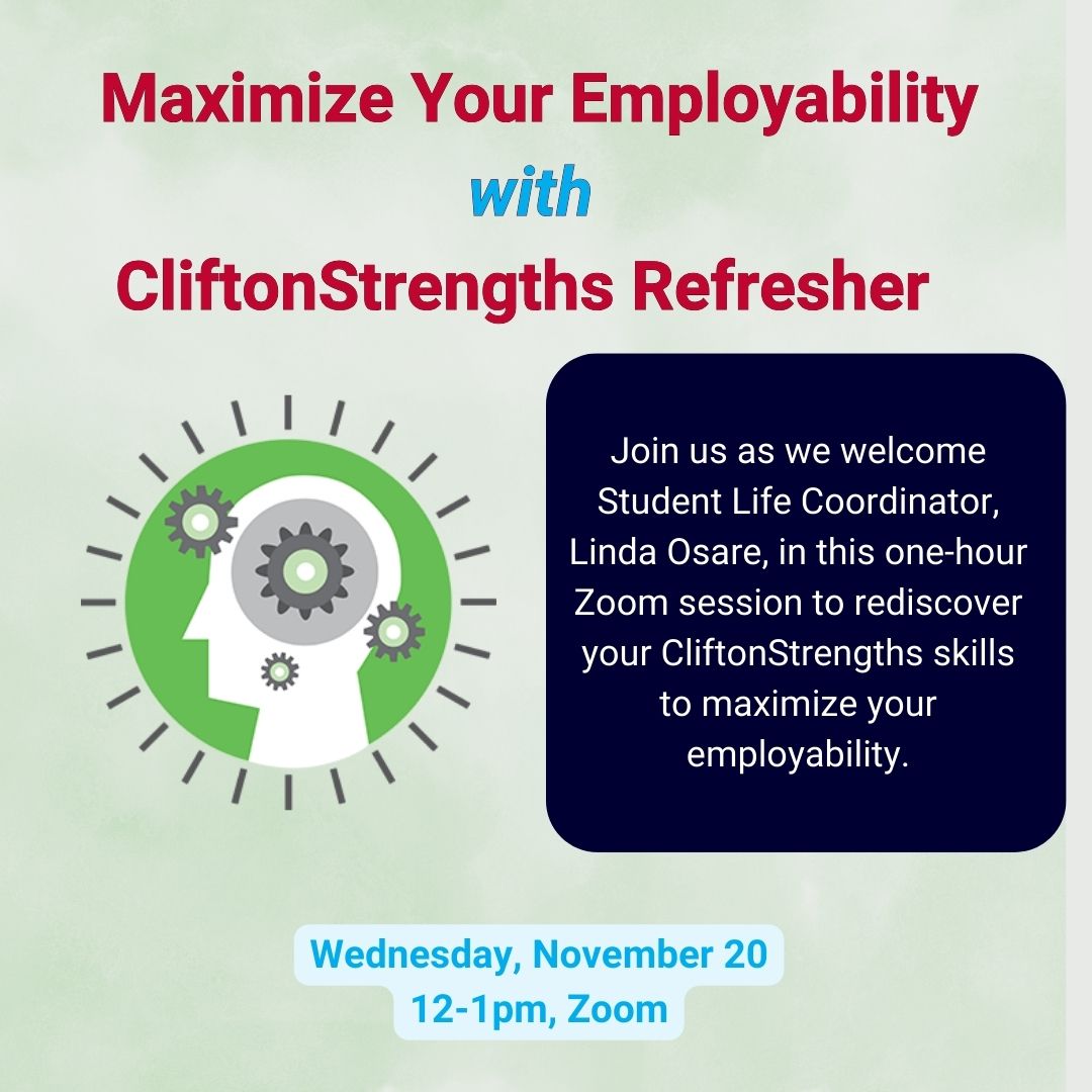 University of Guelph-Humber Alumni (@ghalumni) on Twitter photo ⚡ Boost your skills with our one-hour Zoom session! Join Linda Osare to learn how to leverage your CliftonStrengths for better employability. ⚡
📧 Can't access your CliftonStrengths? Email ghalumni@guelphhumber.ca
🔗 Register via the link- uoguelph.eu.qualtrics.com/jfe/form/SV_bj… ⚡ Boost your skills with our one-hour Zoom session! Join Linda Osare to learn how to leverage your CliftonStrengths for better employability. ⚡
📧 Can't access your CliftonStrengths? Email ghalumni@guelphhumber.ca
🔗 Register via the link- uoguelph.eu.qualtrics.com/jfe/form/SV_bj…