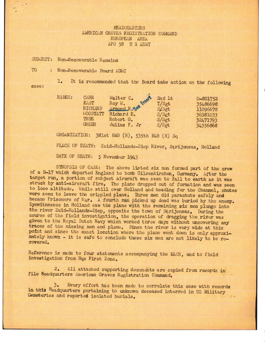 WW2Researcher's tweet image. Staff Sergeant Richard E. Woodyatt, of Dixon, Illinois, and the 535th Bomb Squadron, was downed near Strijensas, Holland, on November 5, 1943, 81 years ago today. @WW2Researcher @AFmuseum @Mighty8thMuseum