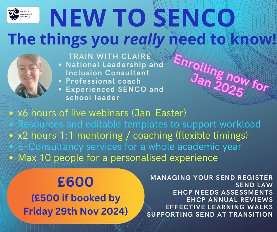 IndigoOwlCoach's tweet photo. Feedback from people on my New to SENCO course."It's the best training I have done for years"

"I have learnt so much, I recommend all SENCOs do this, whether new or more experienced"

Have you booked your place for January 2025?
Message me for your personalised booking link! https://t.co/MpCiI6zW8p
