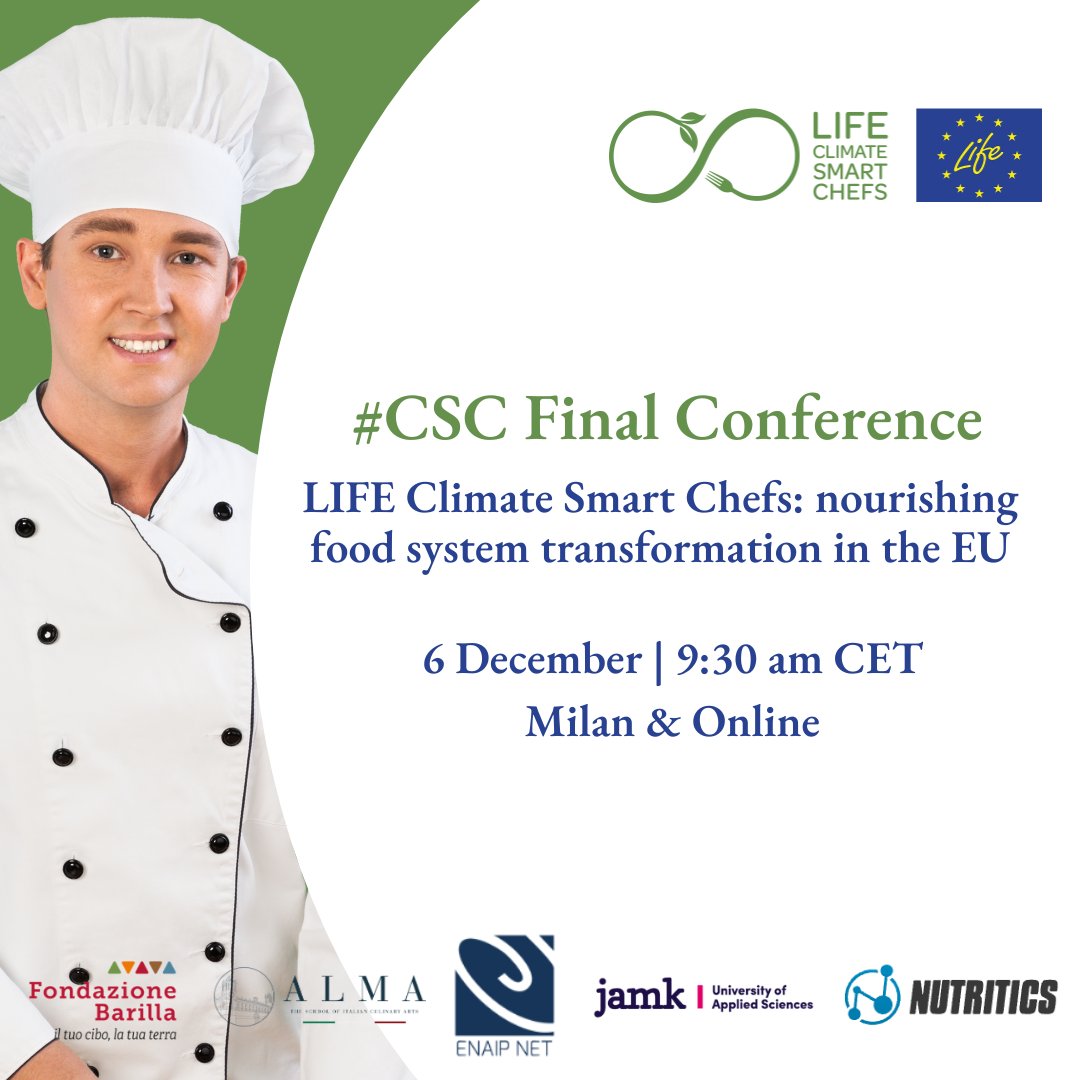 Join us to the LIFE Climate Smart Chefs final conference to discuss the main project outcomes and discover the winners of the first edition of the #CSCaward
📅6December-Milan&amp;Online
🕒9:30amCET
🔗climatesmartchefs.eu/final-conferen…
<a href="/Alma_School/">Alma Scuola Cucina</a> <a href="/enaip_net/">ENAIP NET</a> @jamk_fi <a href="/Nutritics/">Nutritics</a> <a href="/LIFEprogramme/">LIFE Programme</a>