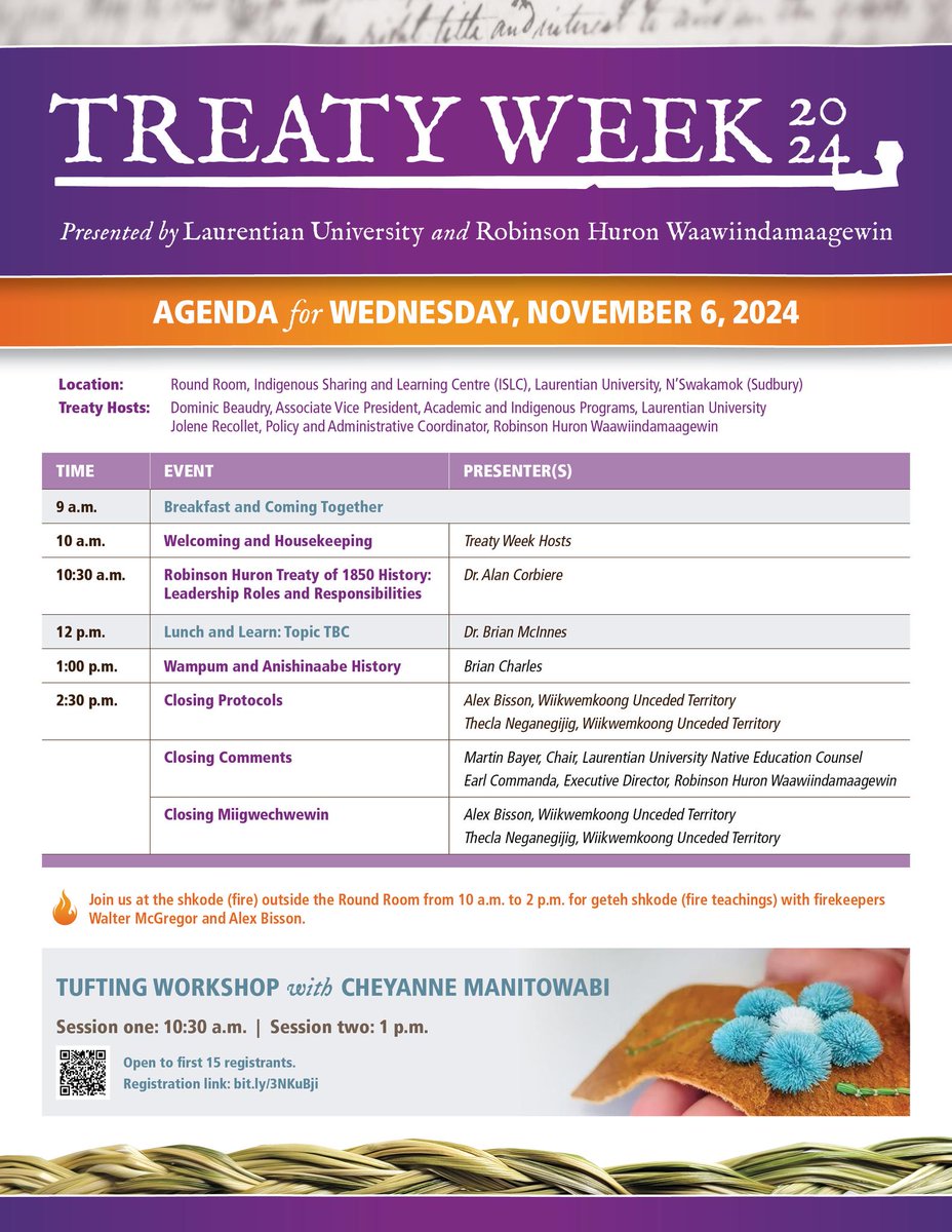 #TreatiesRecognitionWeek #RHT1850

Incredible Robinson Huron Treaty-related programming is offered today, November 5th, and tomorrow, November 6th, in person at <a href="/LaurentianU/">Laurentian University - Université Laurentienne</a> —Université Laurentienne in Sudbury (N'Swakamok) and virtually through the Robinson Huron