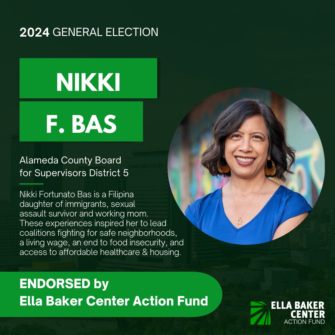 We’re proud to endorse <a href="/nikkiforallofus/">Nikki Fortunato Bas, Supervisor</a>! 
As an Oakland City Council member, Nikki has stood for us all and shown a deep commitment to building community safety through care. Join us in supporting Nikki as she works to uplift our communities! 🙌🏾 #NikkiForSupervisor
