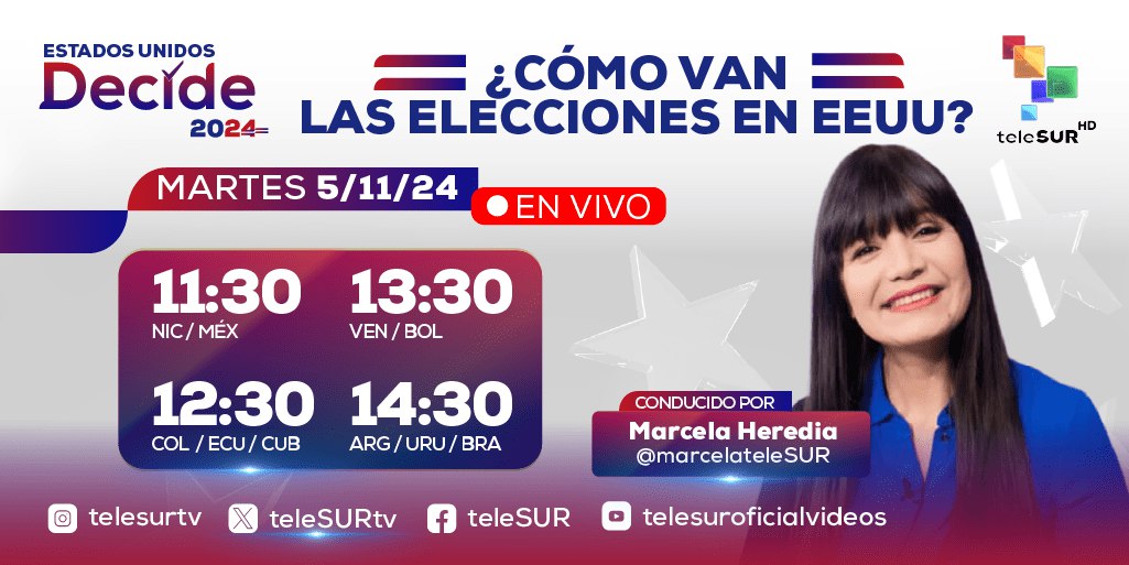 teleSURtv's tweet photo. #05NOV🗓️ te invitamos a conectarte con nuestro #EspecialMultimedia de las elecciones presidenciales #EEUU 🇺🇸, con @marcelateleSUR
#EstadosUnidosDecide2024
Ubica tu horario y sintonízanos a través de nuestras plataformas digitales 👇🏻 https://t.co/fH9i9didfl