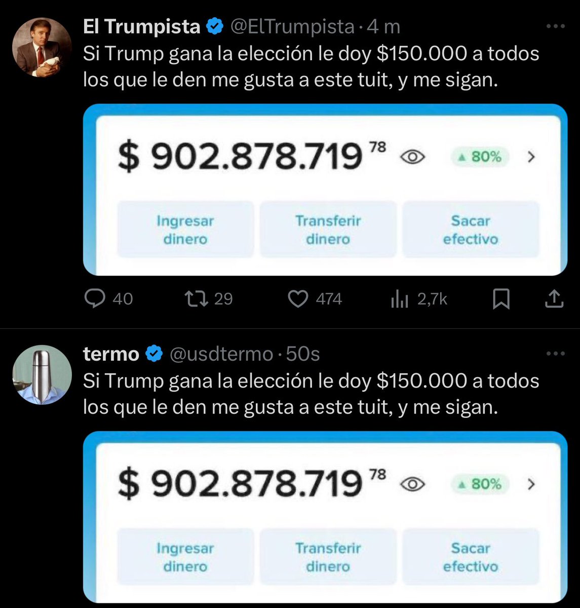 Estos tipos se cagan en la gente por un par de interacciones. 

Yo si le voy a dar a la gente. Si gana trump voy a estar tirando 15.000 pesos a todos los que me sigan y den like. 

No es mucho pero al menos es real.