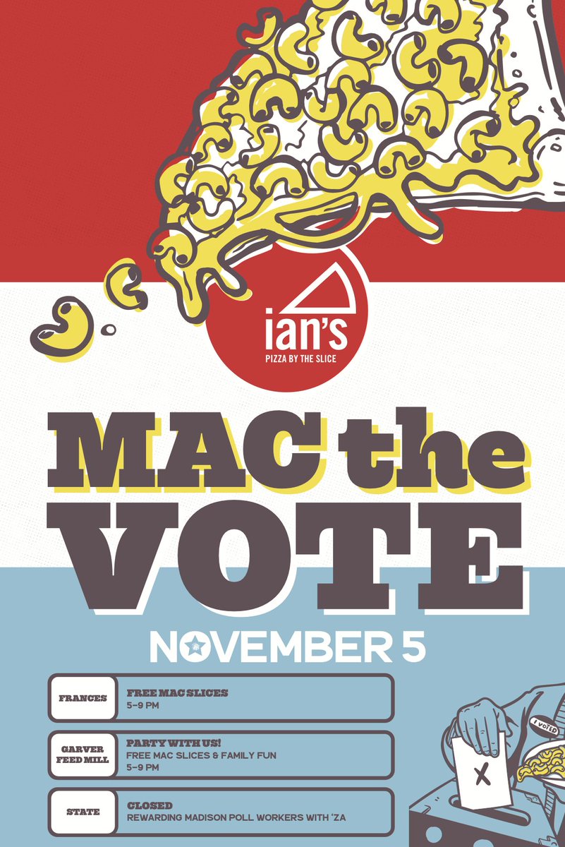 Today is the day to make your voice heard. Make sure you vote, and then come feed your hunger with some free slices of Mac n' Cheese Pizza at our Frances St. and Garver locations starting at 5 PM. State St. is CLOSED all day today to bring Pizza to the polls.