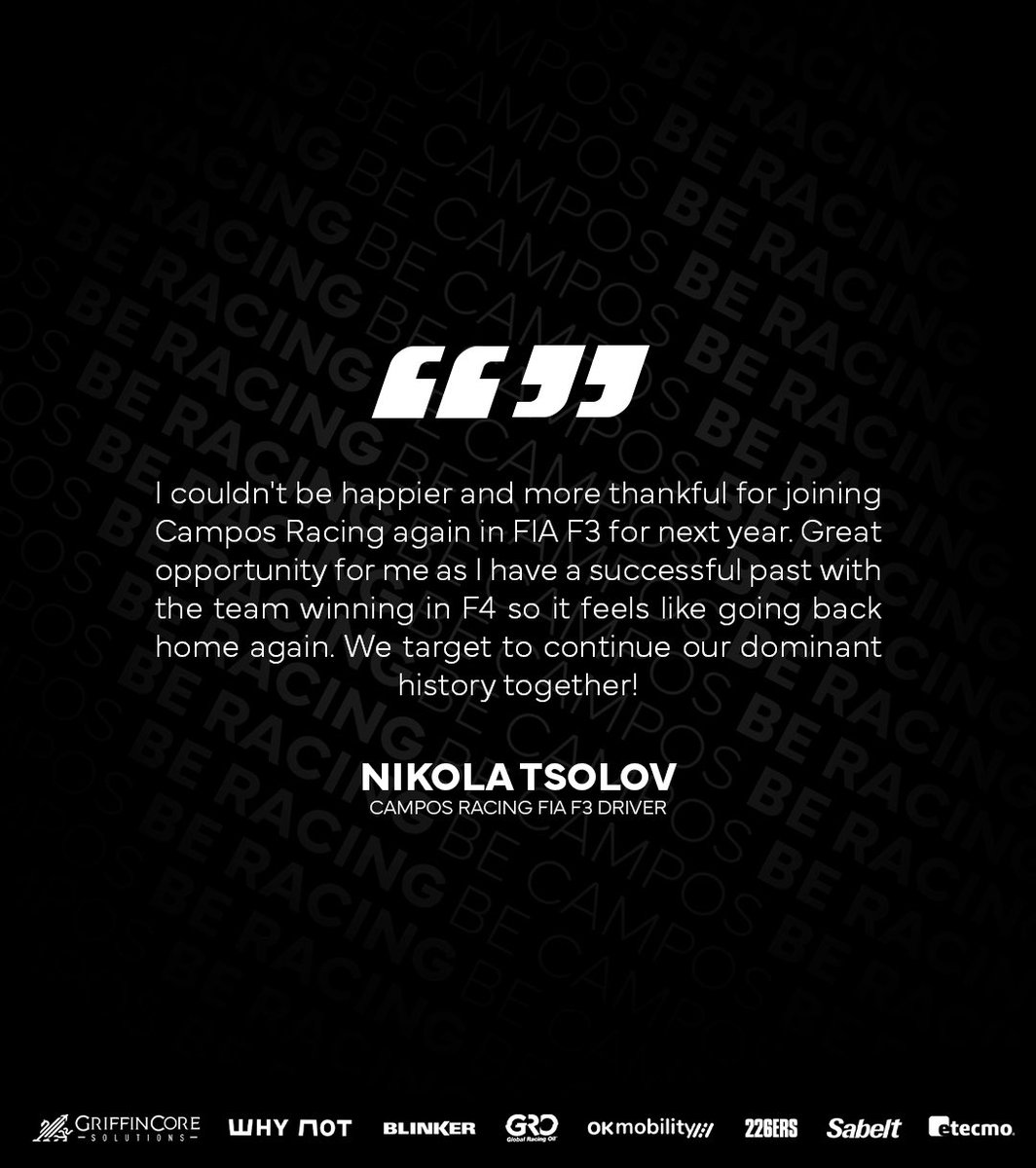 🚨Driver Announcement🚨 <a href="/NikolaTsolov/">Nikola Tsolov</a> is back with the team for the next 2025 FIA F3 season 🙌✨

Read more👇
camposracing.com/en/noticias/fi…

<a href="/Formula3/">Formula 3</a>
