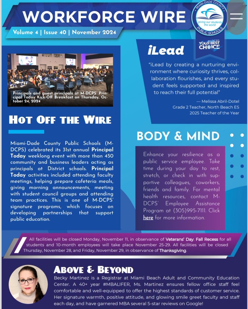 miamibeachadult's tweet image. Congratulations to MBA&apos;s very own Registrar Becky Martinez on being featured in @MDCPS Workforce Wire November Edition! She is truly #YourBestChoiceMDCPS and always #AcceleratingPerformance @SuptDotres @mantilla1776 @MiamiBeachNews @sobenews