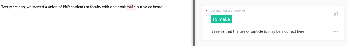 SpeakinStrictly's tweet image. Please, replace with &quot;to make&quot; where to is an incorrect particle. I think @Grammarly was not always as useless as now, trying to desperately suggest some improvement to justify its existence...
#badsoftware