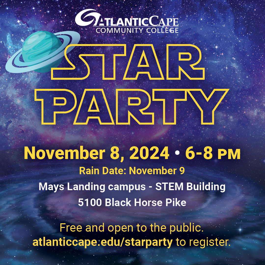 atlanticcape's tweet photo. Join Atlantic Cape Professors on 11/8 at 6:00 p.m. for our Star Party on our Mays Landing campus. There will be hands-on demos, Air Traffic Control Simulator demos, &amp; rooftop stargazing. Registration is req'd. https://t.co/rsflITMpoT. Free &amp; open to the public. https://t.co/TRA1amNBb3