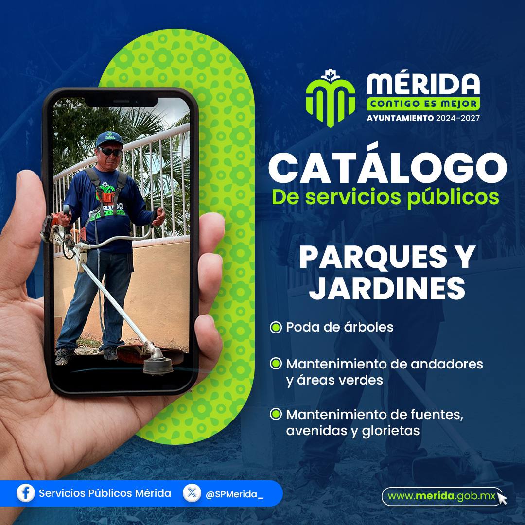 En el Departamento de Parques y Jardines, trabajamos para mantener las calles y espacios públicos siempre limpios y en óptimas condiciones. Conoce los servicios que te ofrecemos en esta área. 👇🏻

#MéridaContigoEsMejor <a href="/CeciliaPatronL/">Cecilia Patrón Laviada</a> <a href="/AyuntaMerida/">Ayuntamiento Mérida</a>